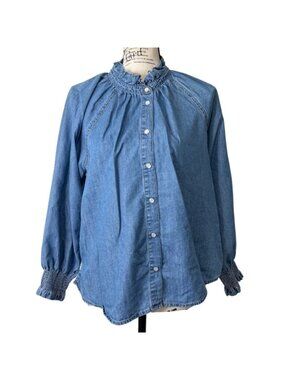 Veronica Beard Womens Size L Calisto Chambray Top Ruffle-Neck Button-Up Blue